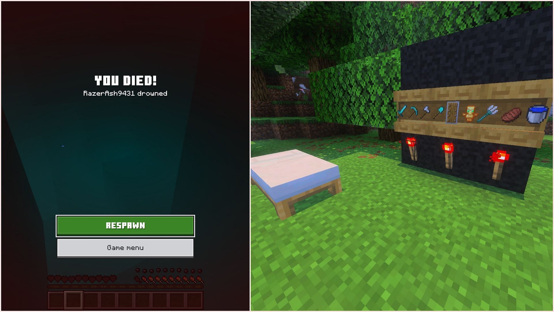 Players can re-equip alternative gears and items after respawning (Image via Sportskeeda Gaming || Mojang Studios)